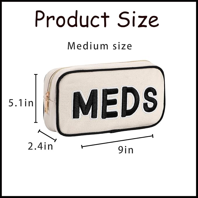 uekeboag Canvas Chenille Letter Medicine Makeup Bag, Small Travel Washable Organizer Bag for Purse with Zipper, Cute Personalized Preppy Drug Pouch For Women and Girls(02Black-Meds)