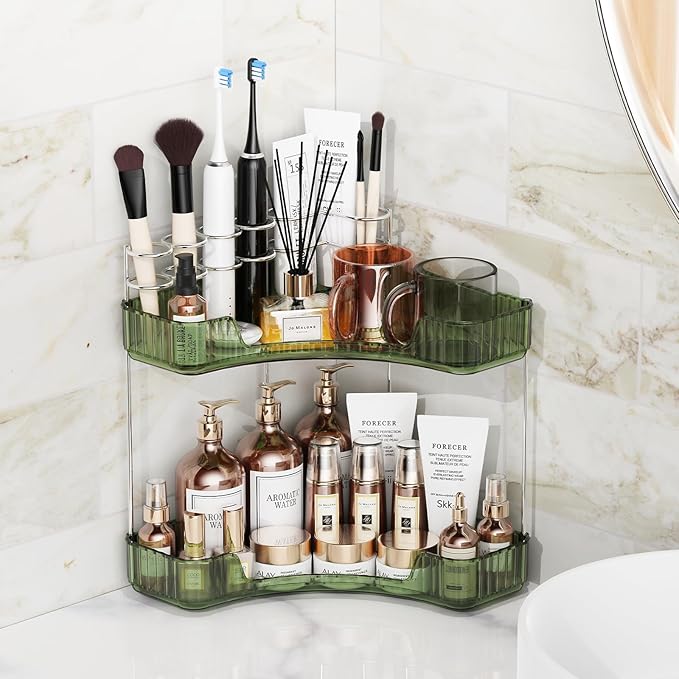 2-Tier Corner Bathroom Counter Organizer with Top Toothbrush Holders,Large Makeup Organizer Countertop with Brush Holder,Skincare Organizers Corner,Exquisite Vanity Organizer(Green, 2 Tier)