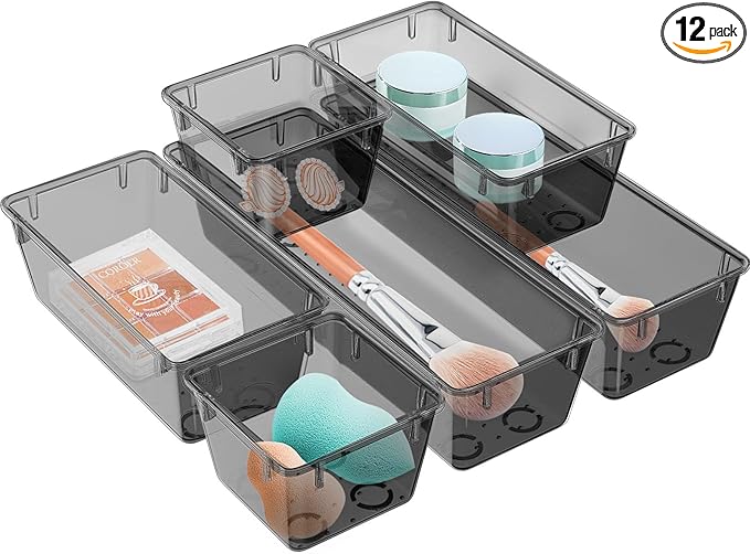 WOWBOX 12 Pack Clear Drawer Organizer Set, Acrylic Drawer Storage Trays, Storage Bins for Makeup, Cosmetics, Jewelries, Utensils, Gadgets, Office, Black