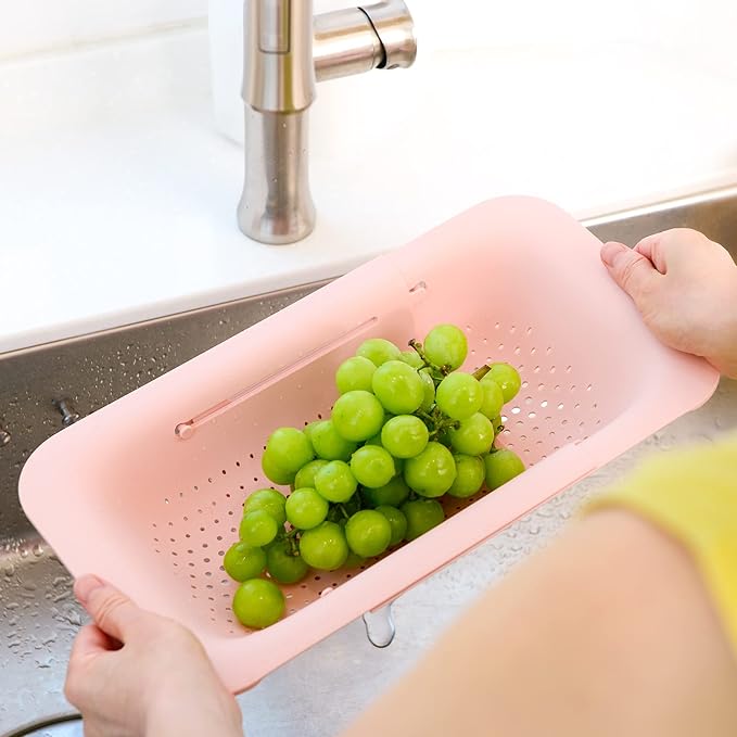 BLUE GINKGO Sink Colander Baskets - (Pack of 2) Wash Vegetables and Fruits, Drain Cooked Pasta and Dry Dishes - Extendable - New Home Kitchen Essentials (2 Pink)