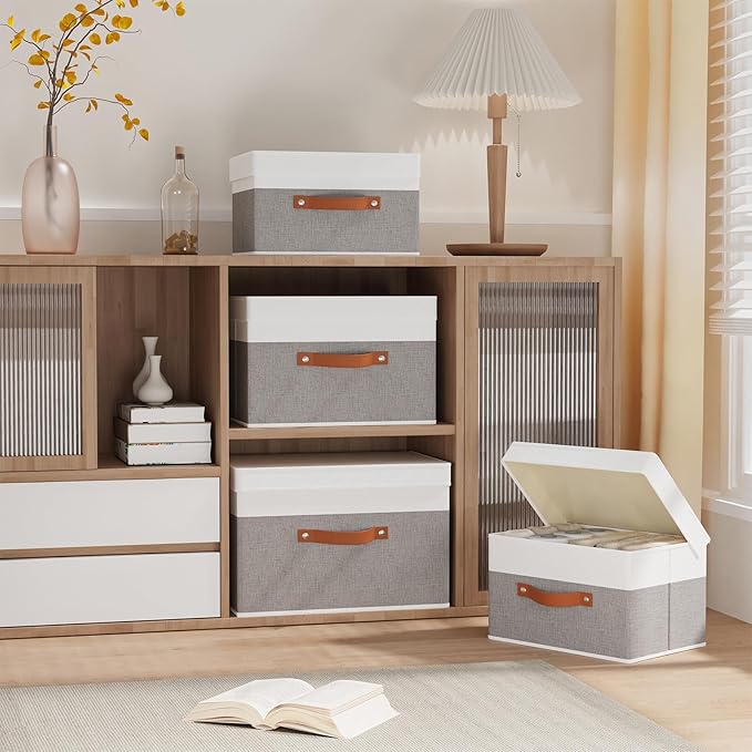 YheenLf Storage Baskets with Lids, Closet Organizer Boxes, Foldable Shelves Storage Bins with Handles, White and Grey, 3 Pack, 13 x 9.1 x 7.9 Inch