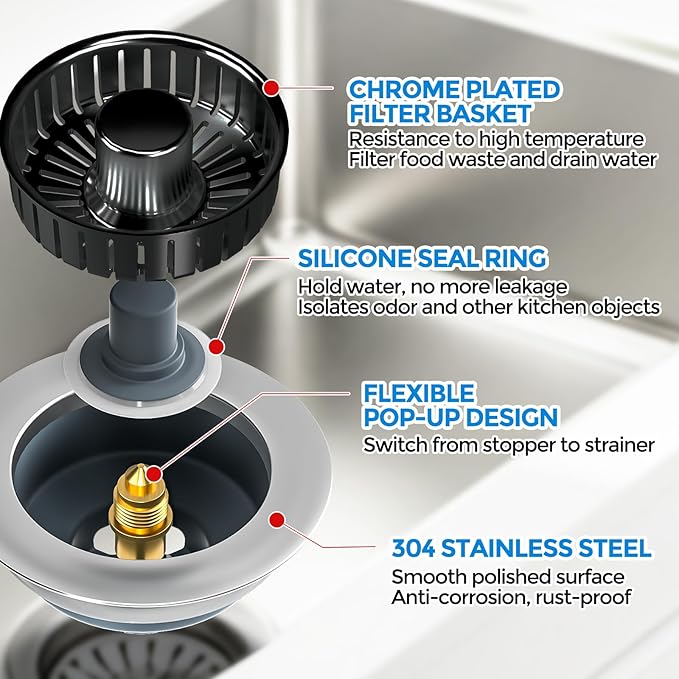 zaa Kitchen Sink Drain Strainer - Kitchen Sink Stopper, 304 Stainless Steel Sink Drain Stopper, Sink Protector for Kitchen with Anti-Clog Filter, Fit US Standard 3-1/2'' Sink Drain Hole, Black