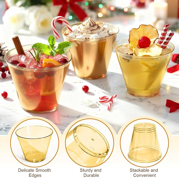 9 oz Clear Plastic Cups Glod Plastic Disposable Cups for Cocktail 150 Pack Fancy Cocktail Cup for Party Stemless Wine Glasses for Party Wedding Graduation Birthday