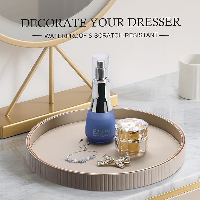 KINGFOM Decorative Serving Tray, PU Leather Valet Nightstand Desk Organizer for Men Women, Round Tray Decor for Coffee Table/Home Decor, Modern Decorative, Centerpiece (Beige)