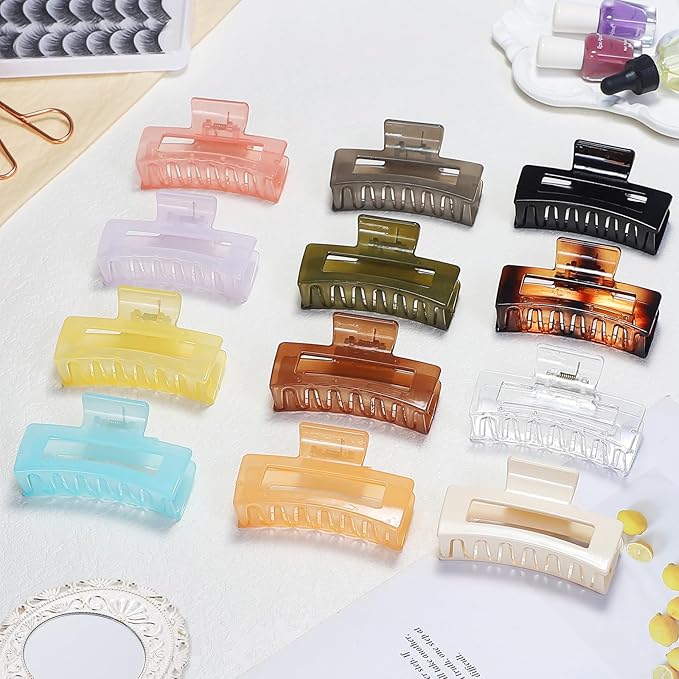 12 Pack Medium Square Claw Hair Clips, 3.5 x 2 x 1.1 inch, Shiny, 12 Colors, Hair Accessories for Women and Girls, Rectangular Rectangle Jaw Clips for Thick and Thin Hair Securing, 12 Pieces