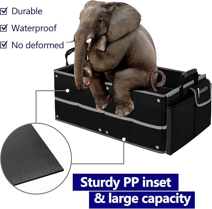 Trunk Organizer With Reflective Stripe For Car,Cargo Organizer For Suv With Non Slip Bottom Strips,3 Large Compartments Foldable Waterproof Portable Car Storage Box,2 Tie-Down Straps