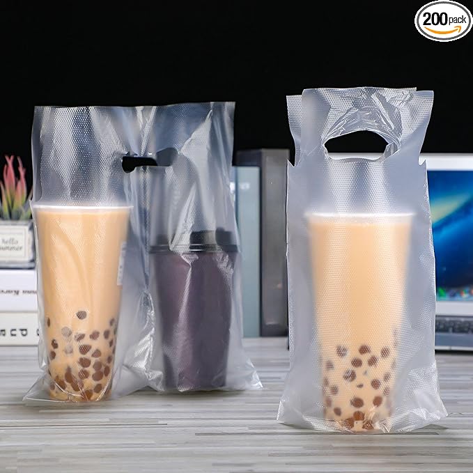 Tinlade 200 Pcs Clear Handle Drinking Poly Bags Bulk 2 Cup and 1 Cup Plastic Portable Cup Carrier Holder Bag Packaging Delivery Hanging Hole, 6.3 x 10.2, 12.2 x 10.2 Inch