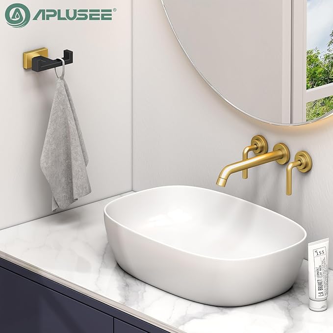APLusee Black Gold Double Towel Hook, Heavy Duty Stainless Steel Robe Hook for Bathrooms, Wall Mounted