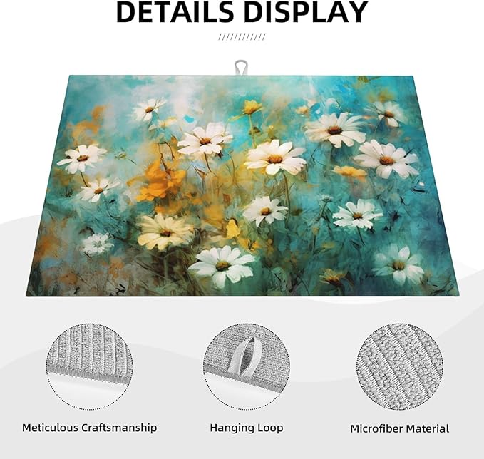 Watercolor Flowers Daisy Absorbent Dishes Drainer/Rack Mat for Countertop Large Size 18 x 24, Microfiber Dish Drying Pads Kitchen Counter Draining Pad, Teal