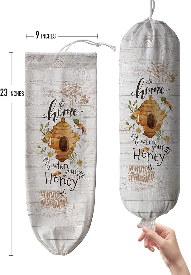 Hglian Bee Grocery Bag Holder,Plastic Bags Organizer Garbage Shopping Trash Bags Storage,Farmhouse Kitchen Décor-Home is Where Your Honey is