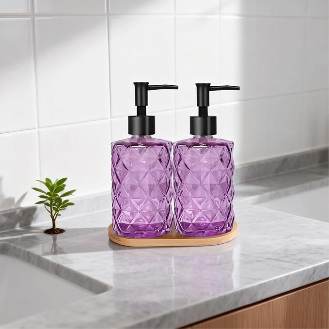 Glass Hand and Dish Soap Dispenser Set of 2 with Plastic Pumps, Bamboo Tray, 12oz Purple Bathroom Soap Dispenser with Diamond for Hand Wash & Dish Wash, Ideal for Bathroom Kitchen Countertop