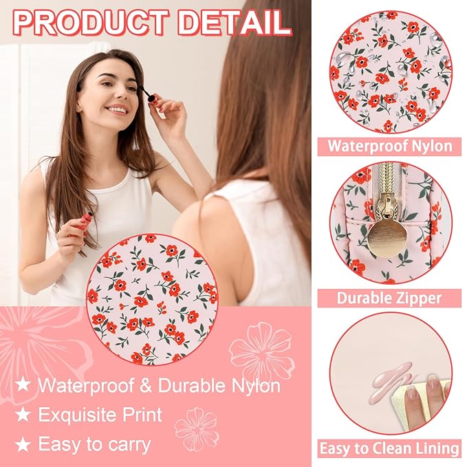 Waterproof Mini Floral Makeup Bag Pouch for Purse, Nylon Flower Cosmetic Travel Bag Small Preppy Toiletry Organizer Bag for Women Girl, Cute Zipper Pouch Coin Purse for Work (Mini Pink-Flowers)