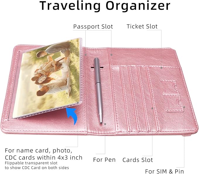 WALNEW Passport Holder for Travel, RFID Passport Cover Wallet for Women Men, PU Leather Passport Book Card Holder Case with Pen (Upgraded, Upgraded-Rosegold)