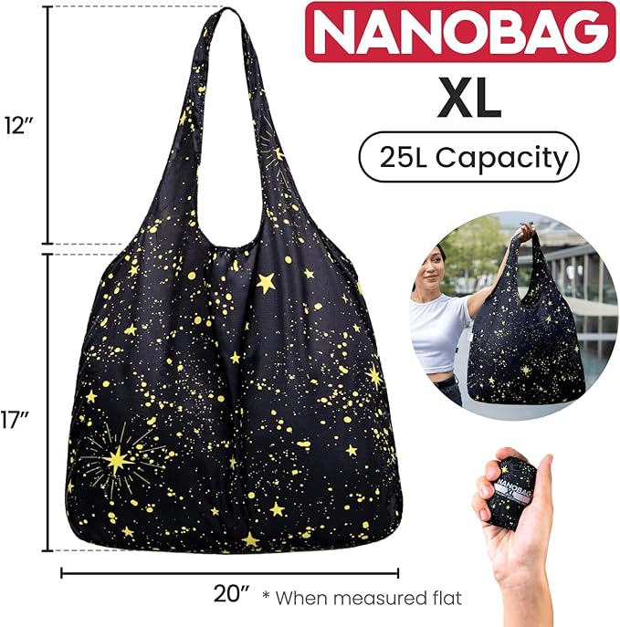 Nanobag Ultralight Heavy Duty Foldable Tote for Women & Men, Reusable Grocery & Travel Bag, Packable Collapsible Compact Market Essential (XL Neon Flowers)