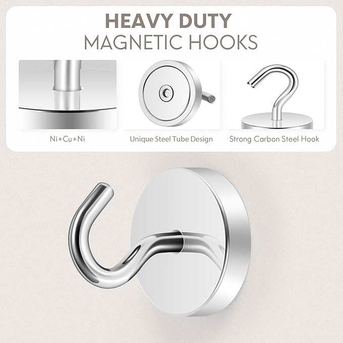 Neosmuk Magnetic Hooks, Cruise Ship Essentials, 120lb+ Heavy Duty Magnetic Hooks for Cruise Cabins, Refrigerator, Grill, Hanging, and Travel | Extra Strong Must-Haves Magnet Hook,Silver