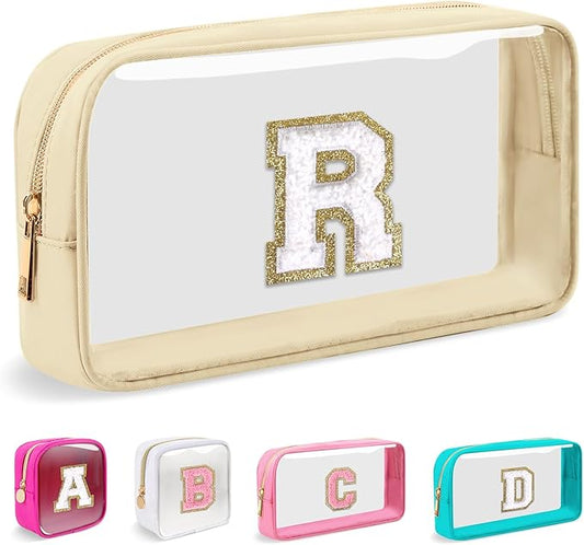 Small Clear Personalized Initial Makeup Bag,Nylon Preppy A-Z Chenille Letter Patch Cosmetic Pouch Beach Toiletry Bag,Waterproof Zipper Travel Purse Storage Bag Organizer for Women Girls(Beige-White R)