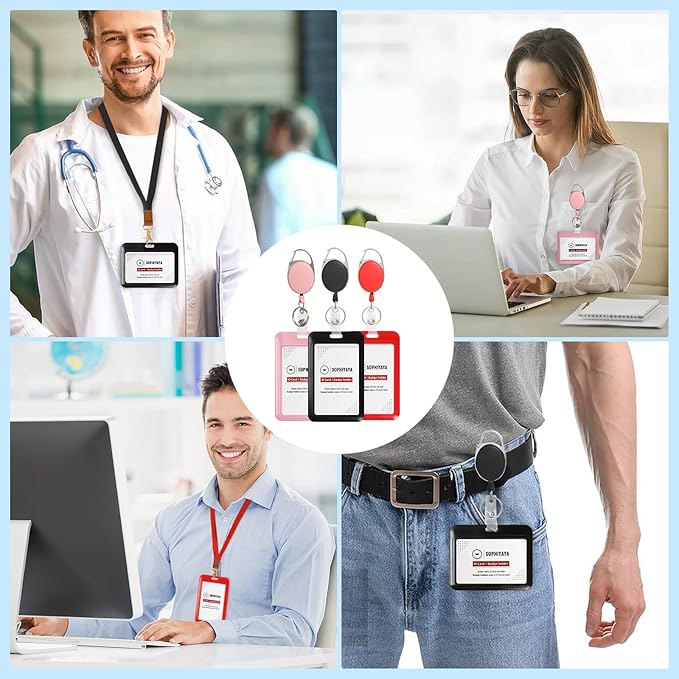 ID Badge Holder with Clip Badge Reels Ret retractable Heavy Duty Id Card with Carabiner Badge Reel with 24 inches Pull Cord for Office, School, Factory, Teacher (Black, Vertical)