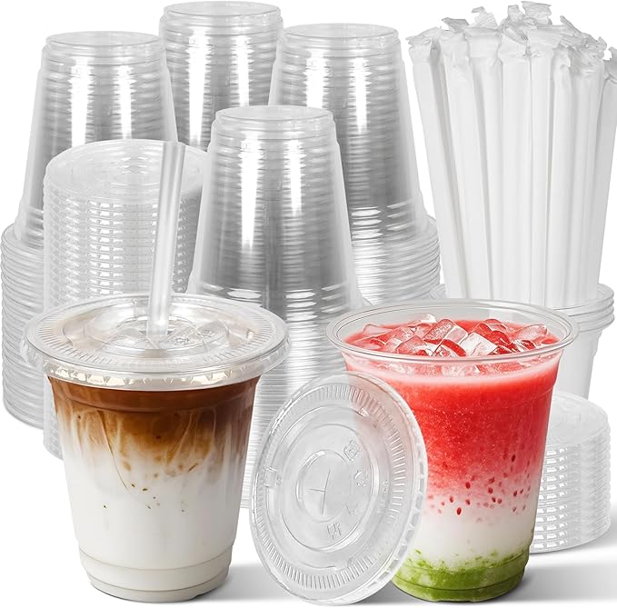 Charmount 50 Sets- 12 oz Clear Plastic Cups with Lids and Straws, Disposable To Go Cups for Cold Drinks, Iced Coffee, Milkshakes, Smoothies