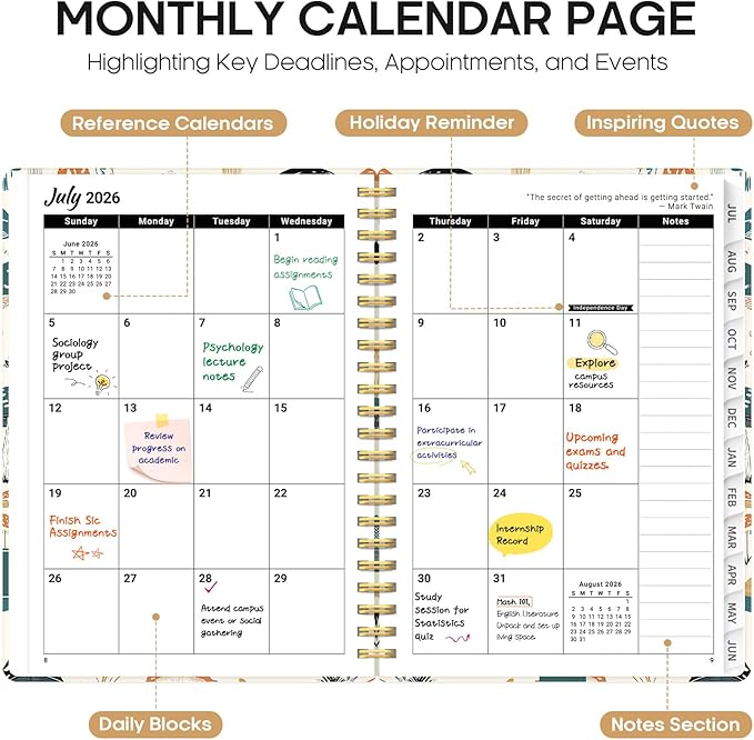 Planner 2026-2027, Academic Year Weekly and Monthly Calender Planner, from Jul 2026 - Jun 2027, Spiral Bound School Planning Book, Perfect for Teacher, Student, Women & Men, A5 (6.3" x 8.5"), Mushrooms Grove