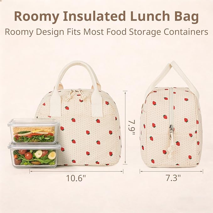 LOVELYWIND Insulated Strawberry Lunch Bag for Women, Stylish Corduroy Tote with Aluminum Lining, Large Capacity Reusable Cooler for Work, Travel, Beach or Picnic, Beige Cream Water-Resistant Lunch Box