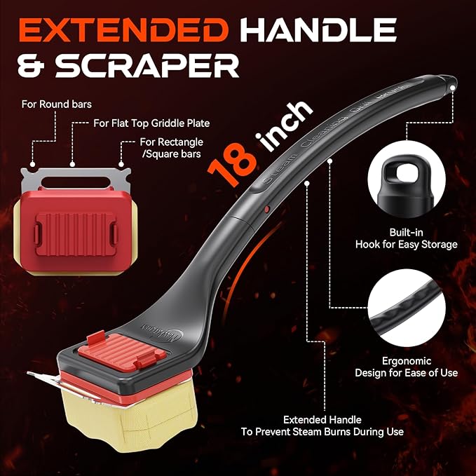 NEWKITCHEN Bristle Free Grill Brush for Outdoor Grill, Steam Clean BBQ Grill Brush with Scraper, Long Handle Replaceable Head Grill Cleaner Brush for Gas Charcoal Griddle & Smoker