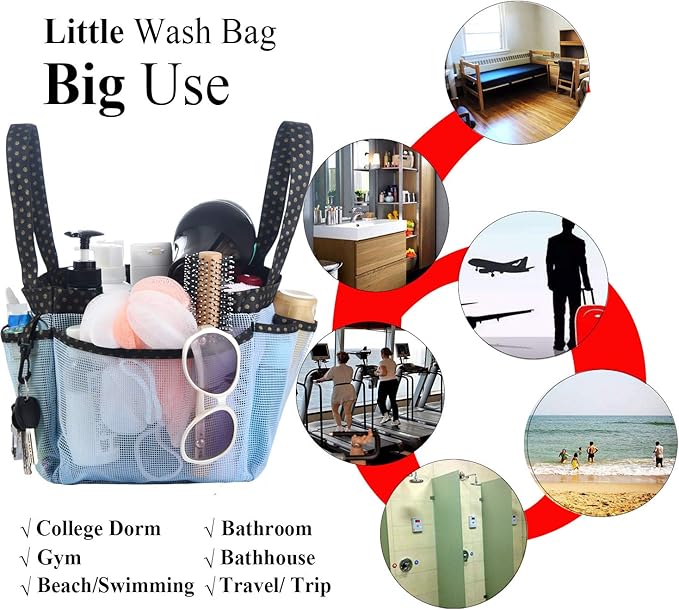 Haundry Mesh Shower Caddy Bag, Portable Shower Caddy Tote Organizer with 8 Pockets for College Dorm Room Essentials, Beach, Swimming, Gym