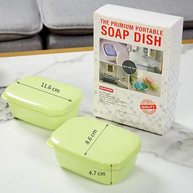 Quatish Leakproof Soap Dish with Lid & Draining Layer, Shatterproof Travel Bar Soap Holder Case Container, Portable Travel Size Toiletries Essentials for Camping, Gym, Bathroom, Green