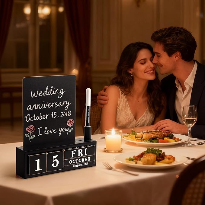 SELEAD Wooden Block Desk Calendar with Chalk Board - Daily Desktop Perpetual Calendar Words Sign Quotes for Home Office Classroom Decor, Teachers Students - Black