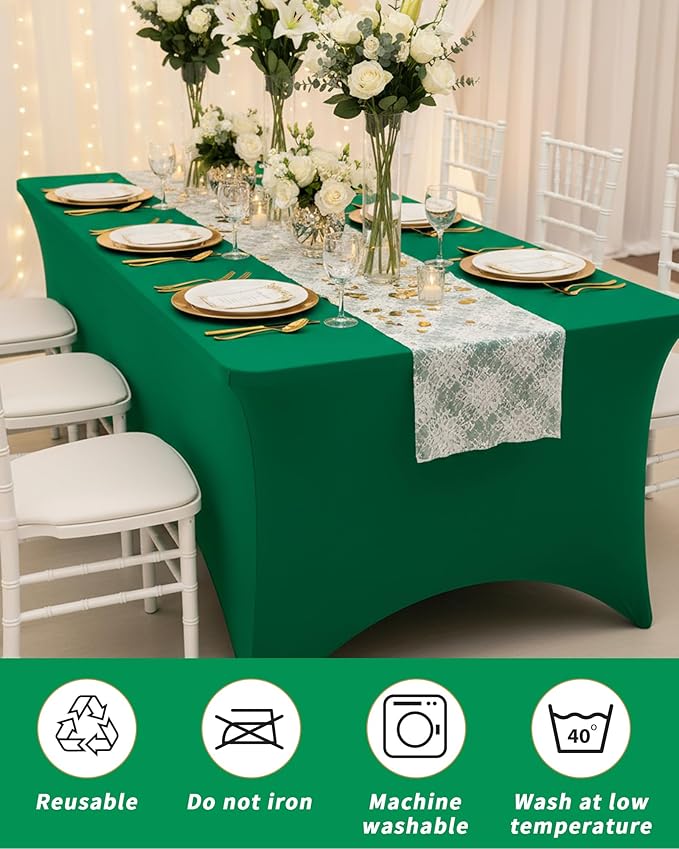 Fixwal Green Stretch Table Cloth Rectangle 2 Pack 6Ft, Spandex Fitted Table Covers Washable for Party, Trade Show, Banquet, Wedding, Buffet