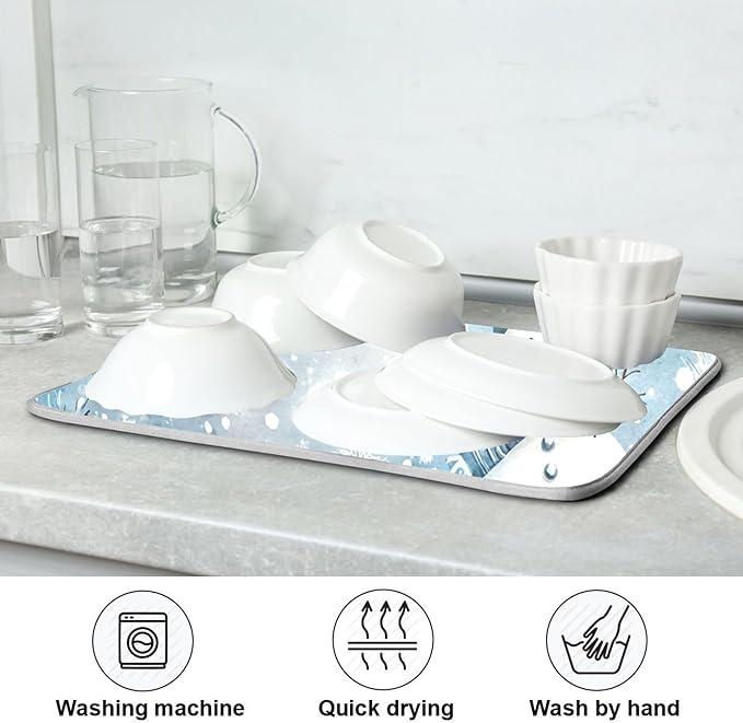 Winter Snowman Silver Dish Drying Mat for Kitchen Countertop 16x18 Christmas Snowflake White Xmas Small Drying Mat Reusable Quick Dry Dish Sink Mats Easy Clean Decorative Essentials
