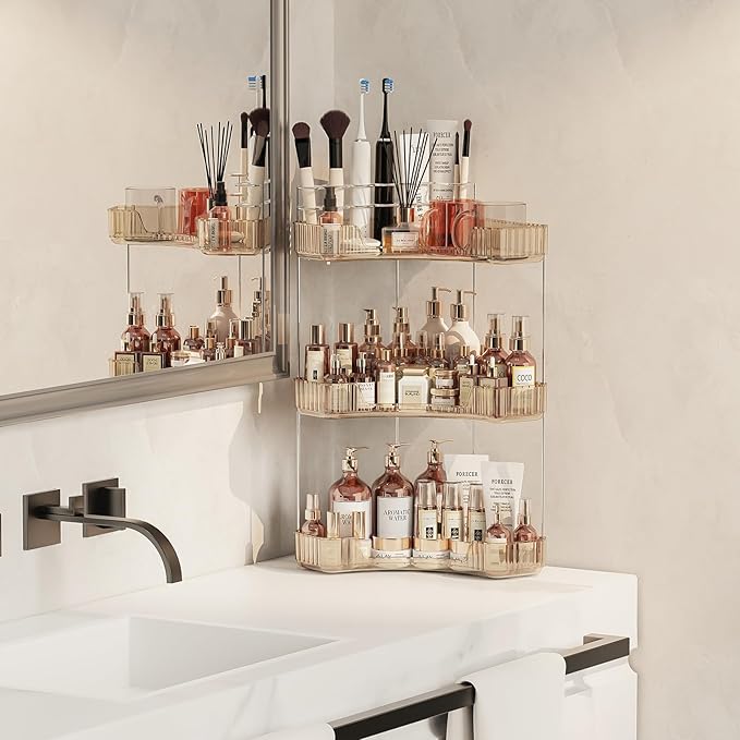 3-Tier Corner Bathroom Counter Organizer with Top Toothbrush Holders,Large Makeup Organizer Countertop with Brush Holder,Skincare Organizers Corner,Exquisite Vanity Organizer (Gold, 3 Tier)