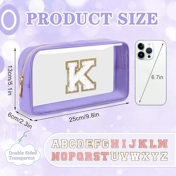Small Clear Personalized Initial Makeup Bag,Nylon Preppy A-Z Chenille Letter Patch Cosmetic Pouch Beach Toiletry Bag,Waterproof Zip Travel Purse Storage Bag Organizer for Women Girls(Purple-White K)