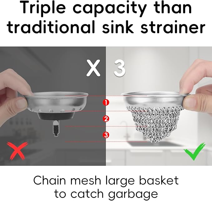 2 Set Kitchen Sink Strainer (Silver): with Adapter, Flexible Insert Chain Mesh Screen. 304 Stainless Steel, Clog-Free Catcher for Universal Sizes (Garbage Disposal)