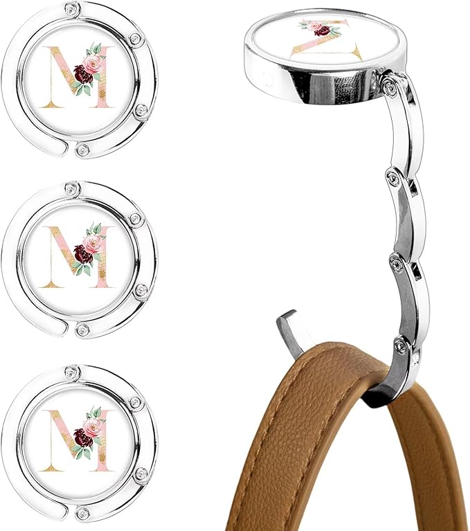 XSUIOY 3Pcs Personalized Initial Foldable Purse Hook for Table,Crushed Flower Letters Folding Purse Hanger,Purse Holder Handbag Hanger Collection Desk Table Bag Hooks Gifts for Women Bag(Pink-M)