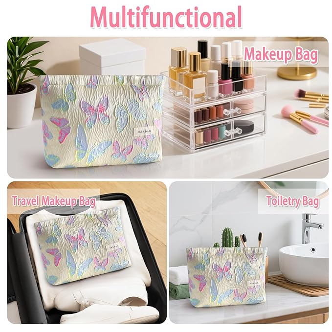 ZLFSRQ Butterfly Makeup Bag for Women Cute Cosmetic Bag Large Colorful Travel Toiletry Bags Embroidery Zipper Makeup Pouch for Purse Aesthetic Skincare Storage Organizer Gift Portable Toiletry Bags