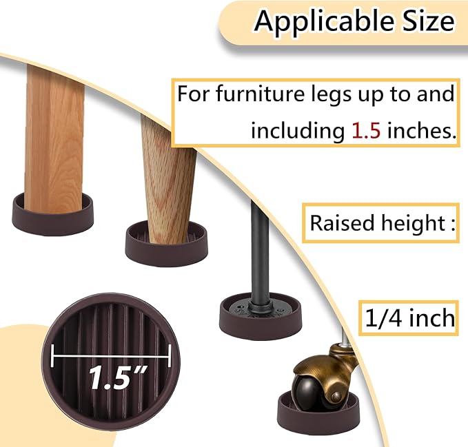 1.5x1.5 Round Rubber Furniture Caster Cups, Anti-Sliding Furniture Pads, Bed Stopper Floor Protectors with Grip - Protect Any Flooring