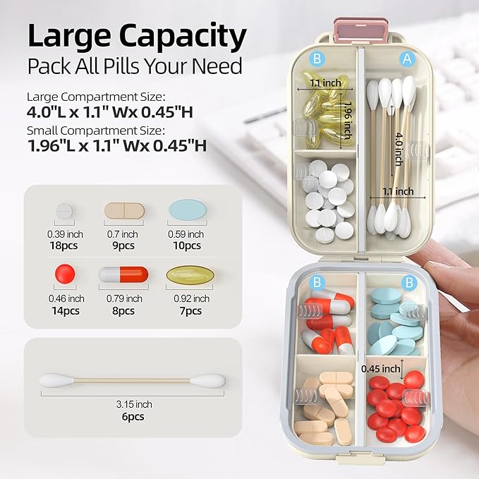 Portable Pill Organizer, Pill Box with 7 Compartments, Small Pill Case for Travel, Daily Medicine Pill Organizer with Air-Tight Lid, BPA-Free Material Pill Container (White)
