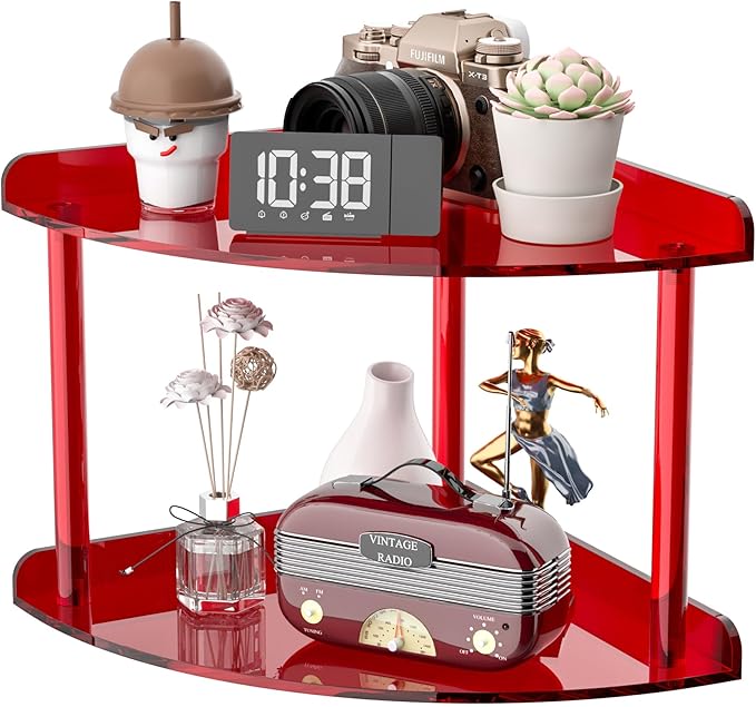 2 Tier Acrylic Corner Shelf Organizer Storage 9.5x9.5x8 Inch, Red Countertop Corner Shelf for Bathroom, Kitchen, Bedroom, Office, Study Room