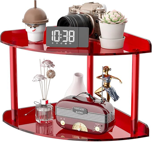2 Tier Acrylic Corner Shelf Organizer Storage 9.5x9.5x8 Inch, Red Countertop Corner Shelf for Bathroom, Kitchen, Bedroom, Office, Study Room