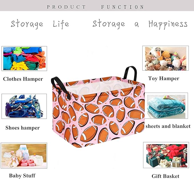 KUNRO Rugby Pink Balls Pattern Storage Basket Gift Shelf Basket Storage Bin, Nursery Basket Organizer Box for With Handles for Room Deco