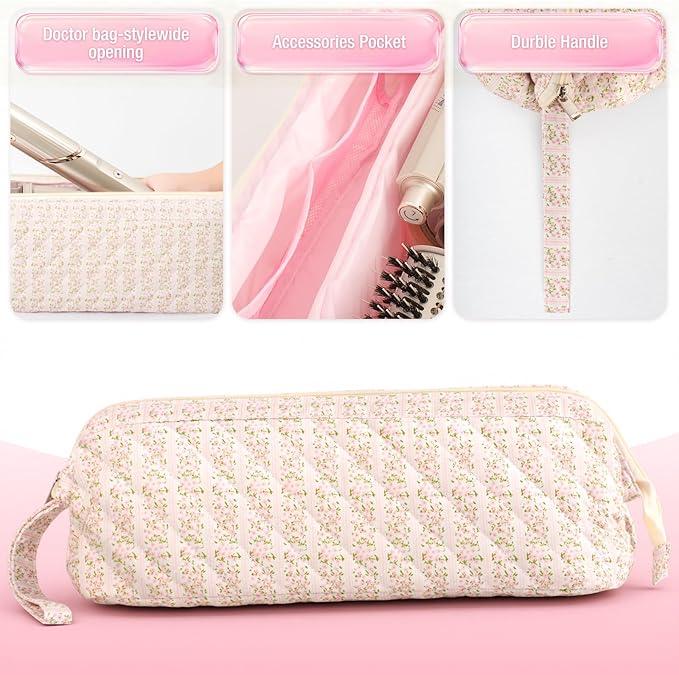 Quilted Hair Tool Travel Bag, Shark Flex Style Travel Case For Dyson Hair Dryer Airwrap Bag, Curling Iron Bags Quilted For Shark Dyson Revlon Organizer Accessories (Striped flower)