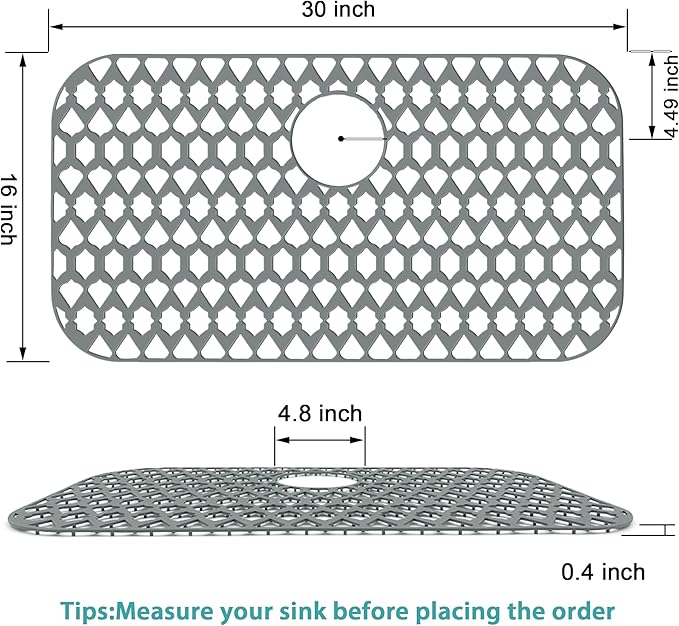 Sink Protectors for Kitchen Sink, Kitchen Sink Accessory - Silicone Mats Grid for Stainless Steel Strainer Bottom of Farmhouse Porcelain sinks (30”x16”, Rear Drain)