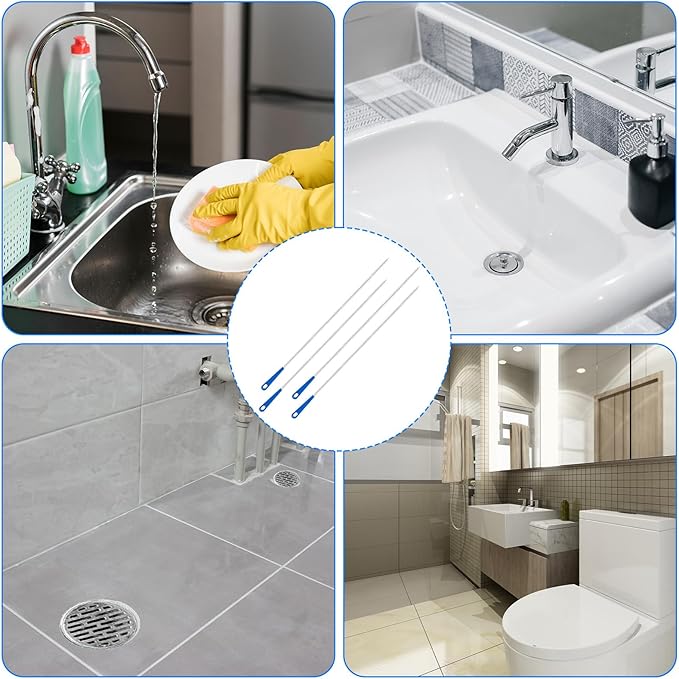 4 Packs Snake Drain Hair Removal Tools, 17.7" Long Flexible Drain Cleaning Brush, Sewer Drains Brush, Drains Clog Remover, Shower Clog Remover for Curved Pipes and Slim Holes