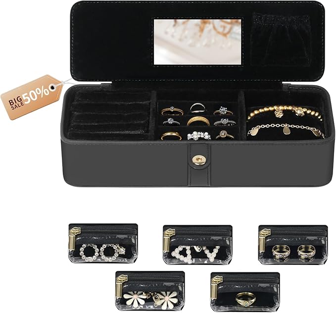 Travel Jewelry Organizer Box – Leather Jewelry Case Gift for Women and Girls – Jewelry Organizer and Storage with 5 Anti-Tarnish Velvet Pouches & Mirror – Portable for Trips and Daily Use