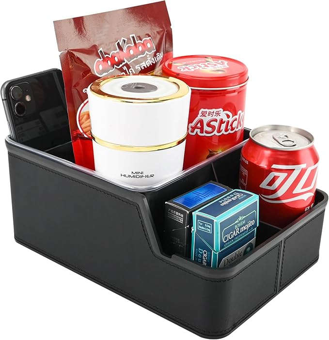 Car Storage Organizer Between Seats, Center Console Armrest Storage Box, Back Seat Organizer with Small Compartment, Car Interior Storage Box, Cup Holder Tray with Non-slip Mat (Black)