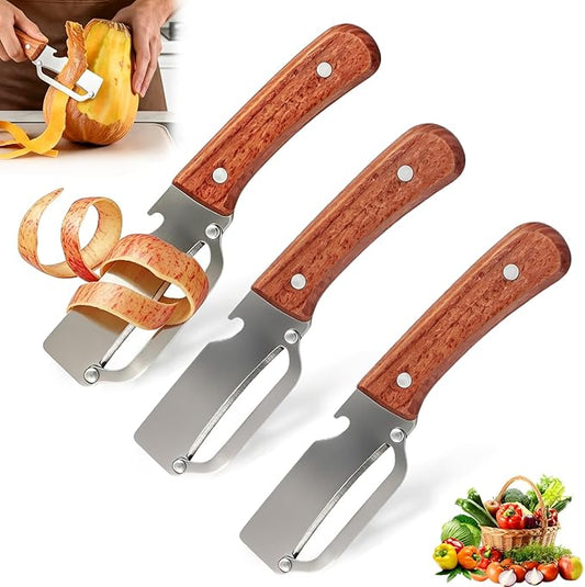 3 PCS Peeler with Wooden Handle, Bottle Opener, Vegetable Fruit Skin Peeling, Stainless Steel Blade Kitchen Tool