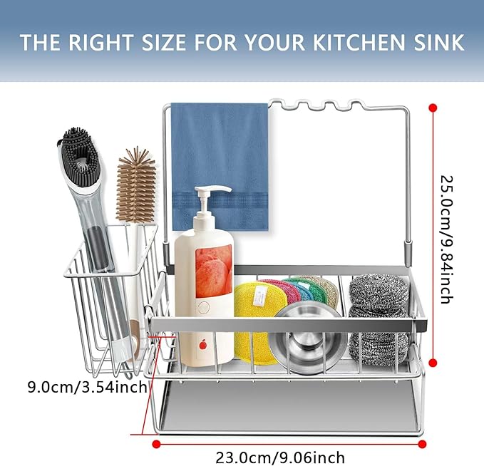 Yazoni Sponge Holder for Kitchen Sink, Rustproof Kitchen Sink Organizer Countertop Holder with High Brush Holder, Multifunctional Soap Dispenser Organizers and Storage Essentials