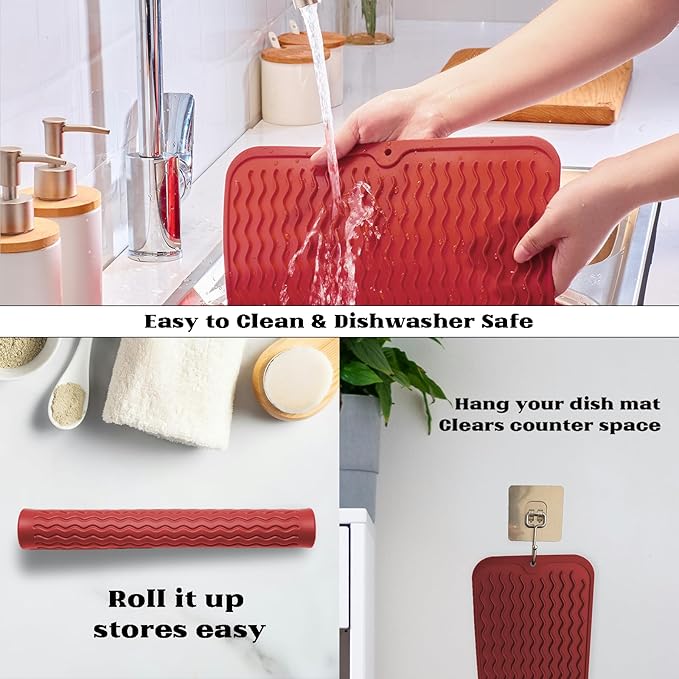 ZLR Silicone Dish Drying Mat for Kitchen Counter, Eco-Friendly Fast Dry Dish Mat, Easy Clean Multi Usage Drying Matt, Heat Resistant Trivet, 12" x 12" Middle, Lave Red