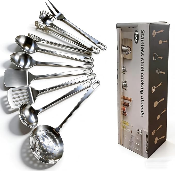 9 Pcs Cooking Utensils Set, Stainless Steel Kitchen Utensils, Heat Resistant Metal Kitchen Tools Include Solid & Slotted Turner Wok Spatula, Serving Spoon, Ladle, Pasta Server, Meat Fork, Tongs Silver