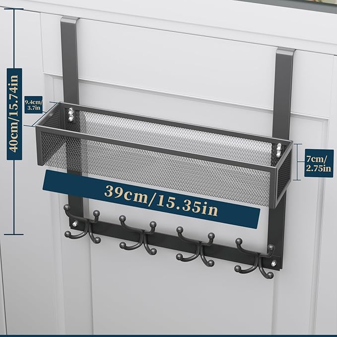 Consumest Over The Door Hooks Organizer - Over Door Hanger with 16 Hooks & 2 Baskets for Hanging Coat, Clothing, Towel, Hanging Organizer for Bathroom, Closet, College Dorm, Grey
